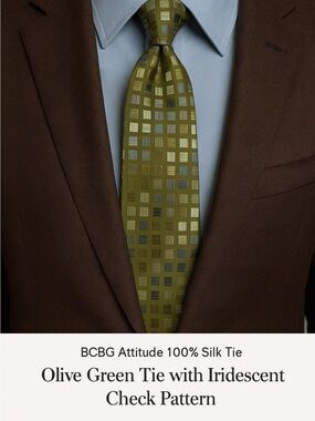 BCBG Attitude Silk Tie Olive Geometric Square Designer Career